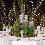 A round table set for a formal event features crystal glassware, white plates, and silver cutlery. The centrepiece is a lush floral arrangement with tall glass cylinders, surrounded by twinkling fairy lights and branches.